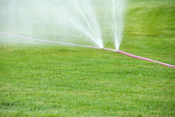 Sprinkling on grass from damaged hose